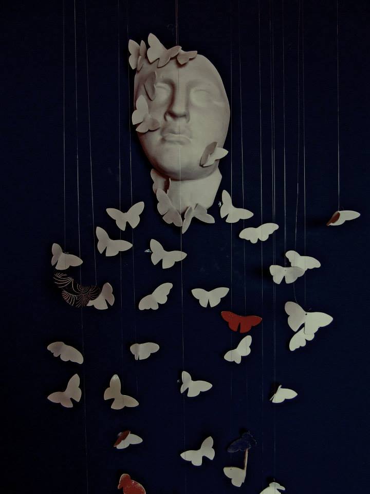 Wall installation with ceramic butterfly decor handmade by Oana Stoica

